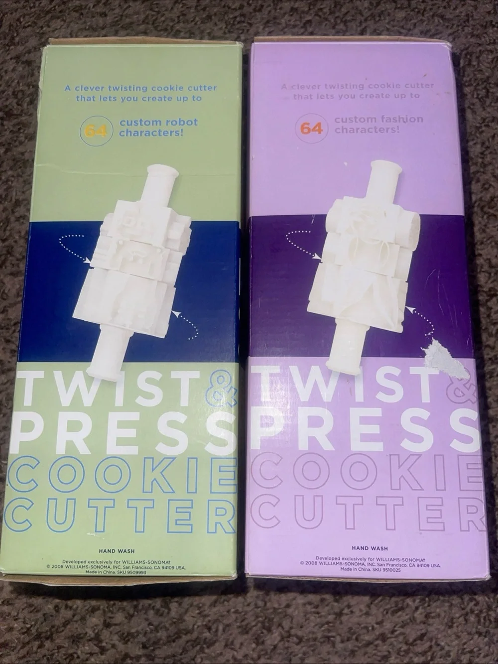 Williams Sonoma Twist & Press Cookie Cutter Sets - Green & Purple Boxes